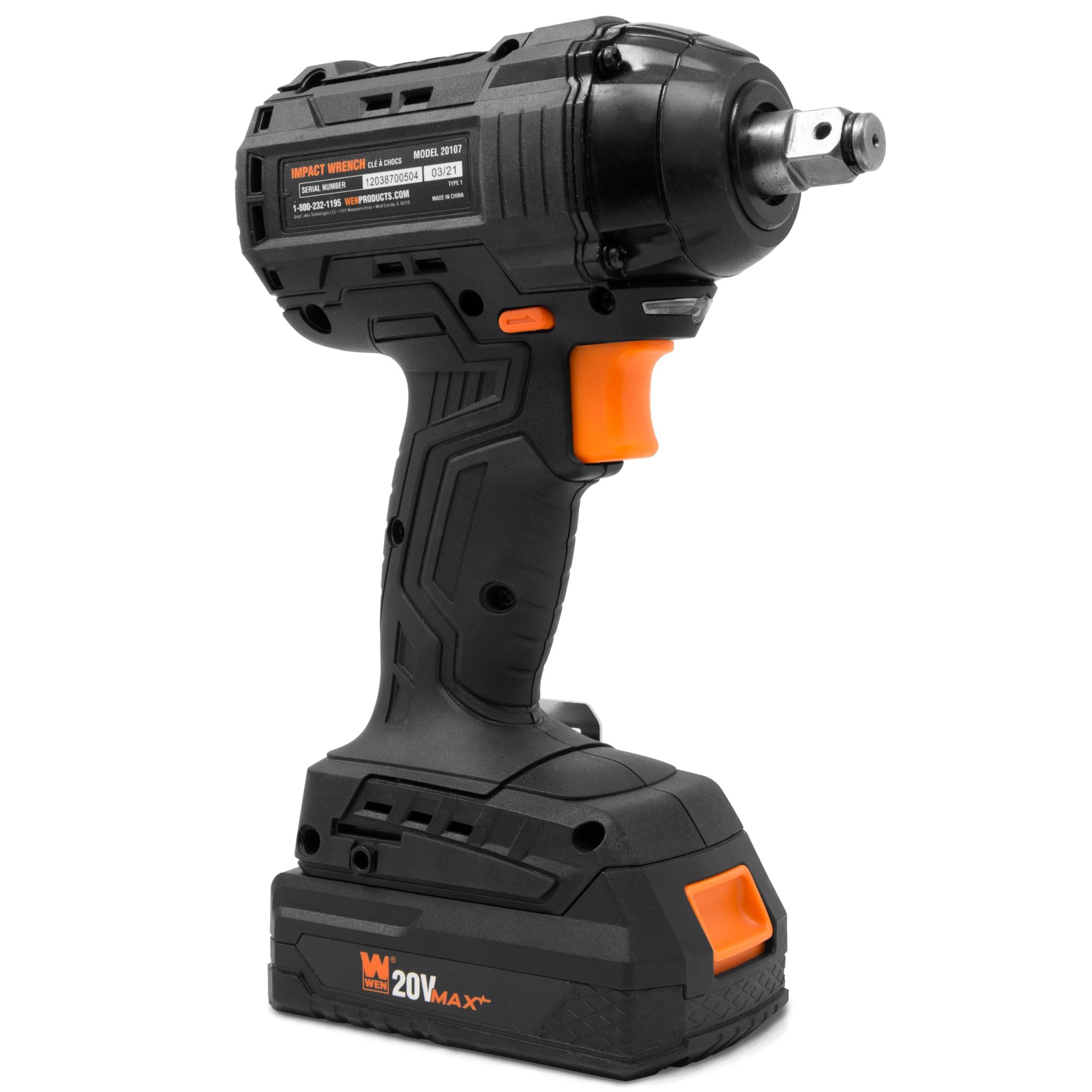 WEN, WEN 20107 20V Max Brushless Cordless 1/2-Inch Impact Wrench with 2.0 Ah Lithium-Ion Battery and Charger