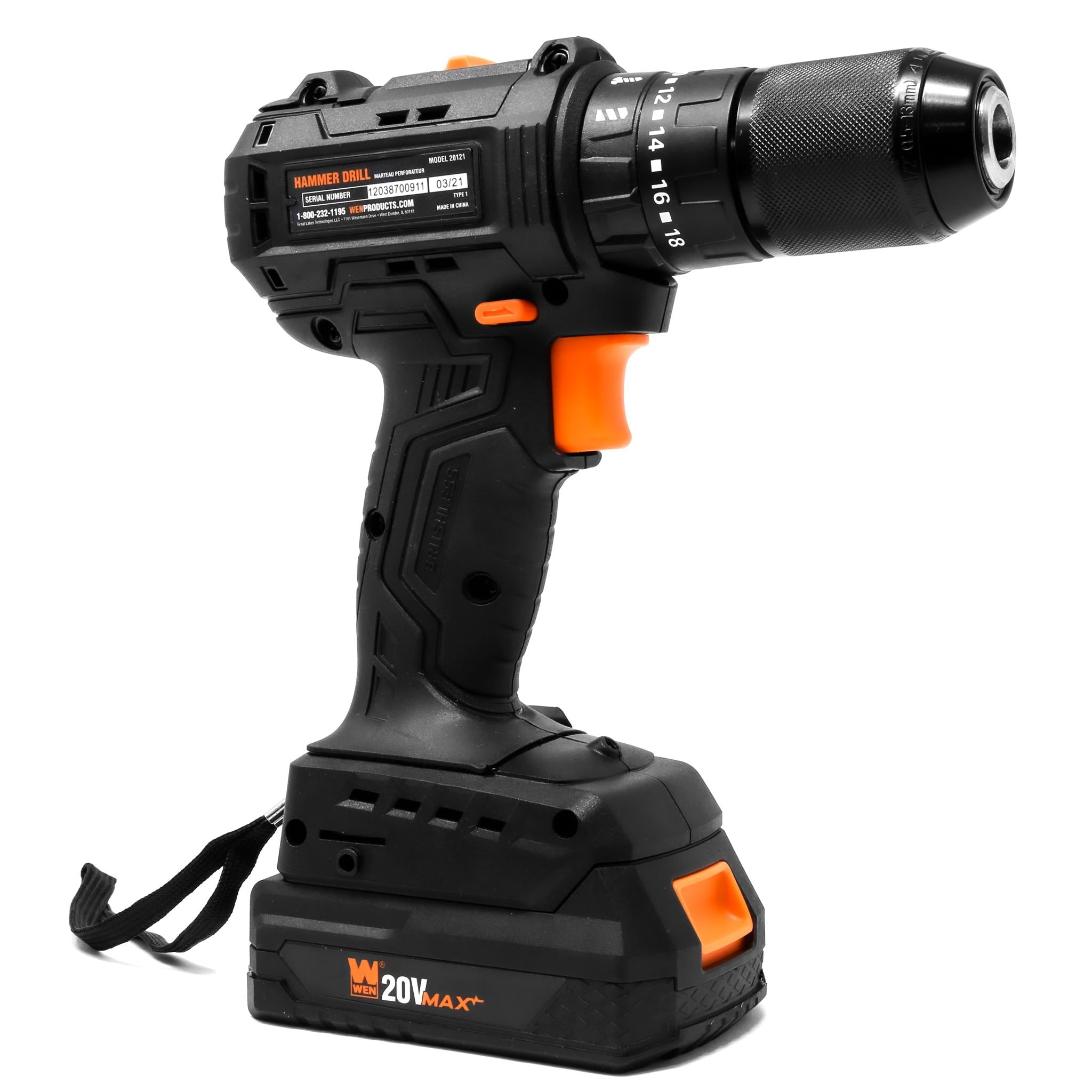 WEN, WEN 20121 20V Max Brushless Cordless 1/2-Inch Hammer Drill and Driver with 2.0 Ah Lithium-Ion Battery and Charger