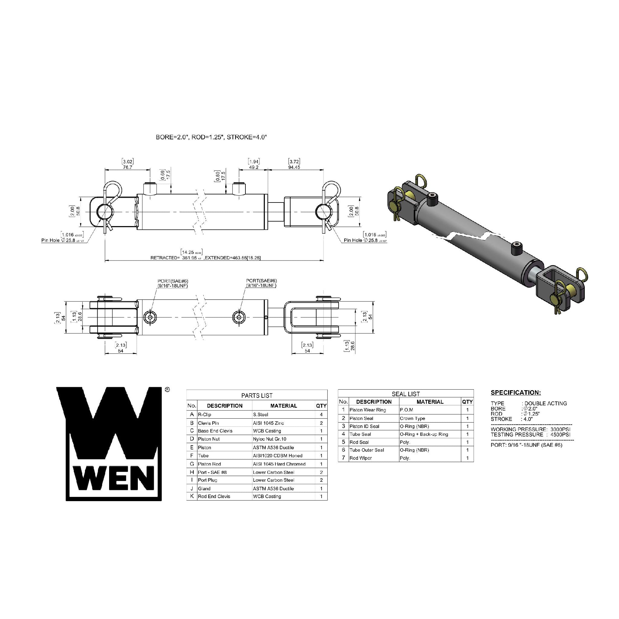 WEN, WEN CC2004 Clevis Hydraulic Cylinder with 2-inch Bore and 4-inch Stroke