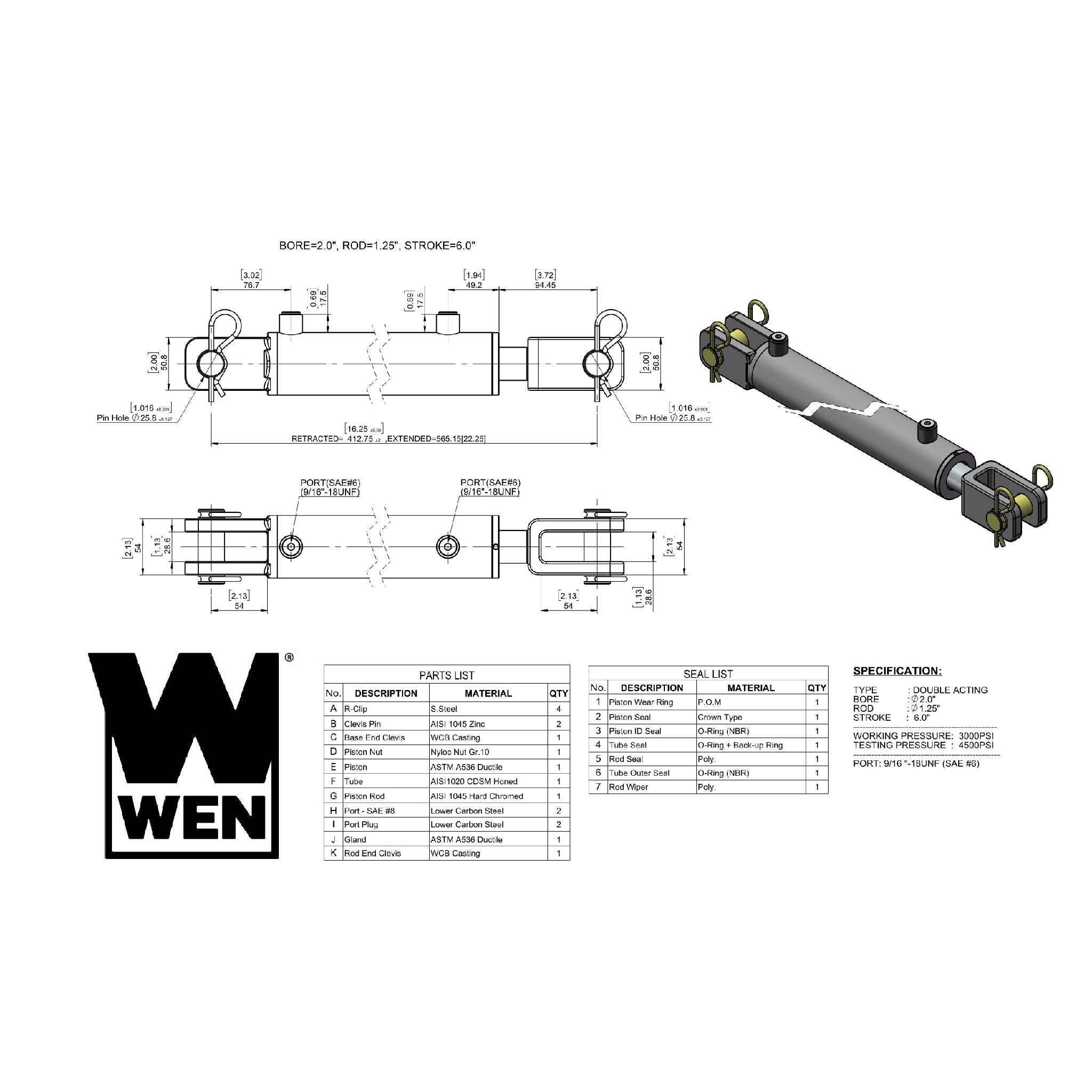 WEN, WEN CC2006 Clevis Hydraulic Cylinder with 2-inch Bore and 6-inch Stroke