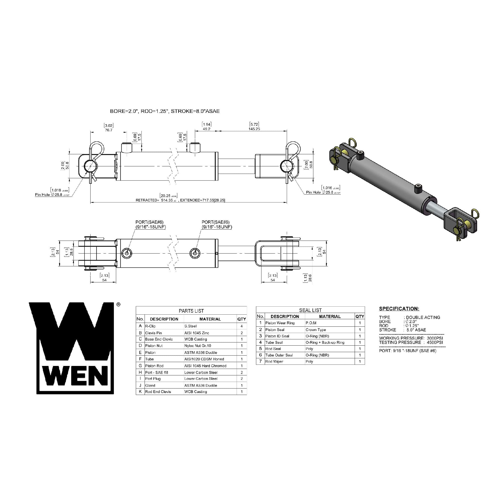 WEN, WEN CC2008A Clevis ASAE Hydraulic Cylinder with 2-inch Bore and 8-inch Stroke