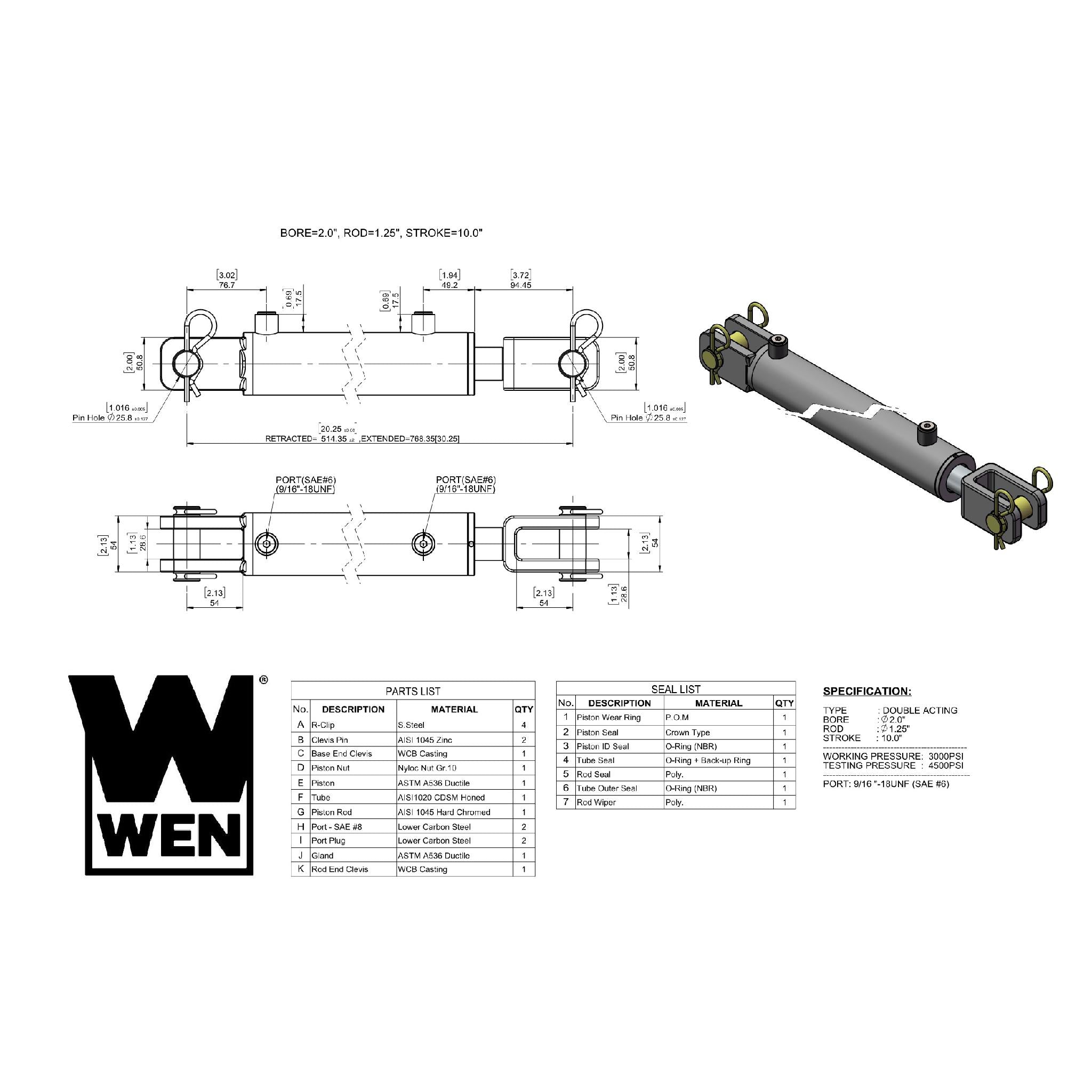 WEN, WEN CC2010 Clevis Hydraulic Cylinder with 2-inch Bore and 10-inch Stroke