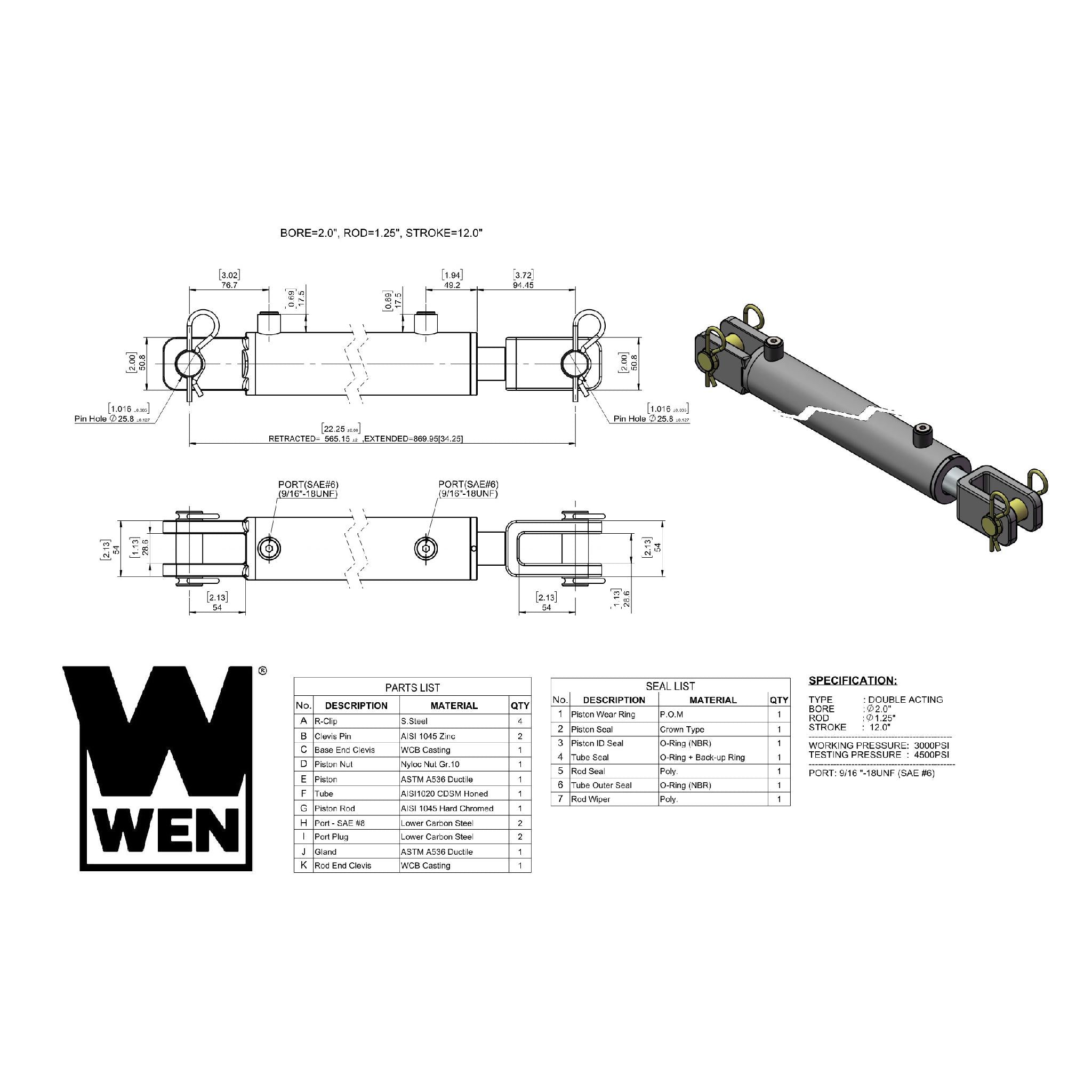 WEN, WEN CC2012 Clevis Hydraulic Cylinder with 2-inch Bore and 12-inch Stroke