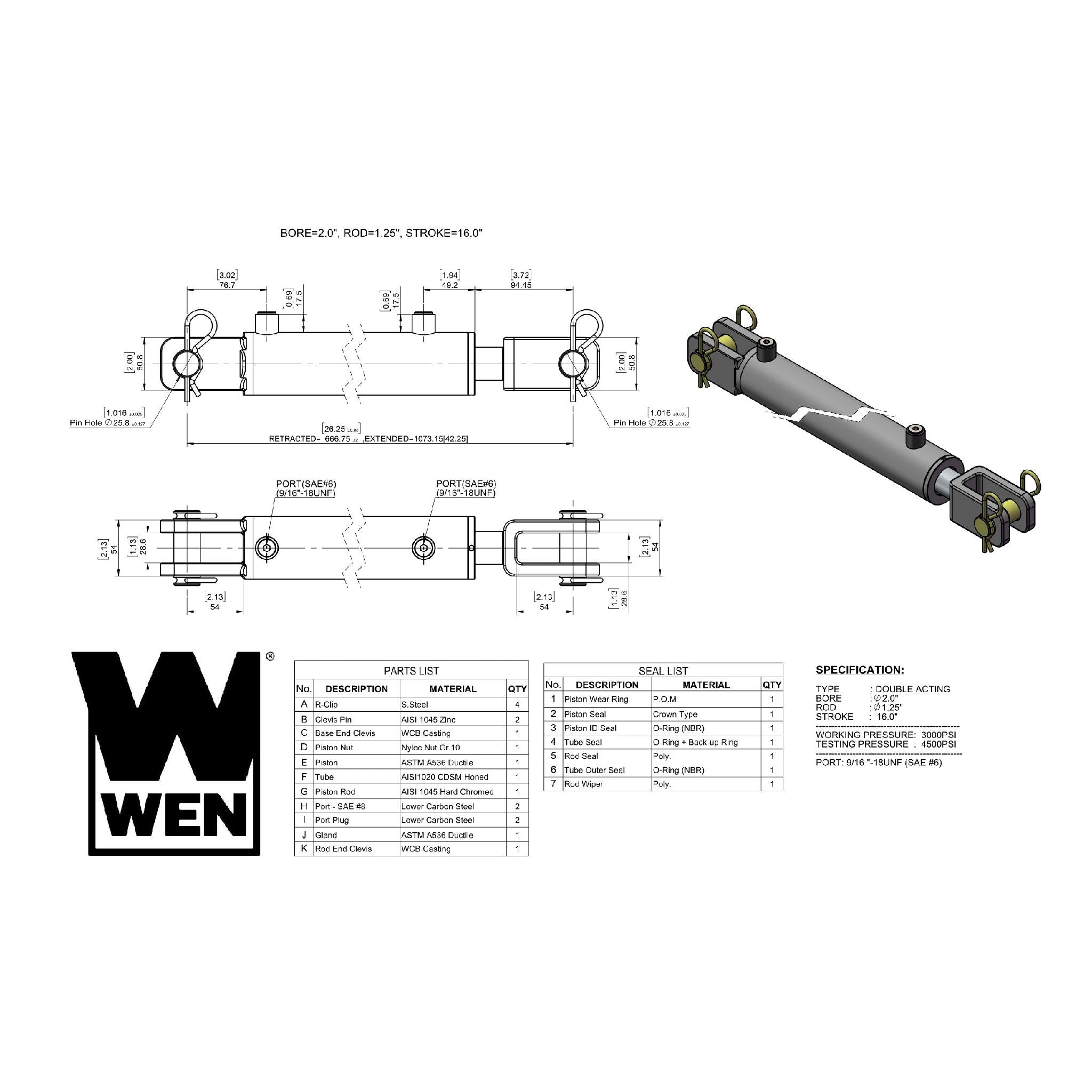 WEN, WEN CC2016 Clevis Hydraulic Cylinder with 2-inch Bore and 16-inch Stroke