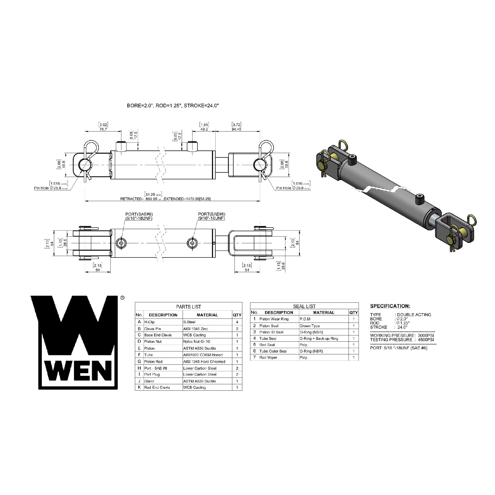 WEN, WEN CC2024 Clevis Hydraulic Cylinder with 2-inch Bore and 24-inch Stroke