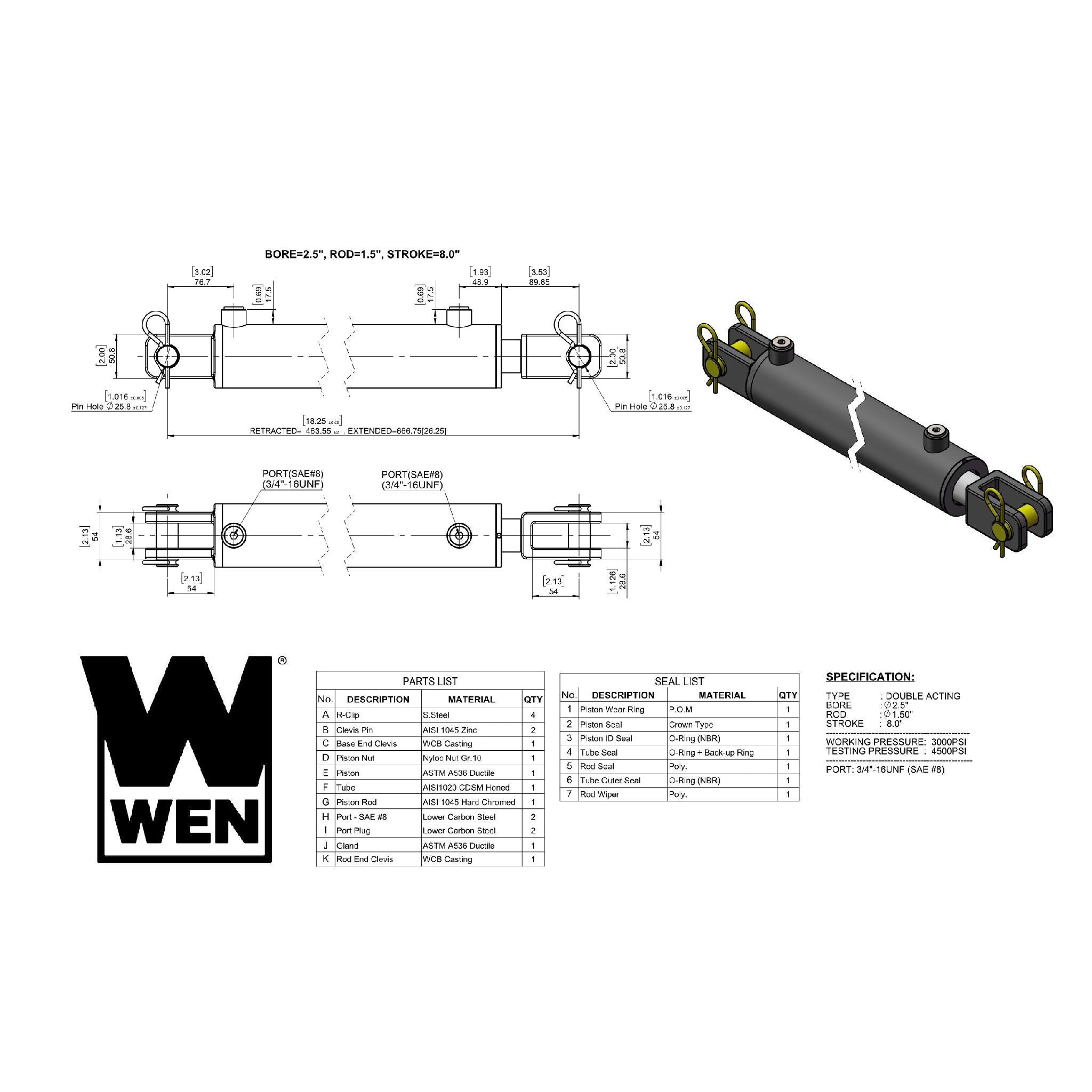 WEN, WEN CC2508 Clevis Hydraulic Cylinder with 2.5-inch Bore and 8-inch Stroke