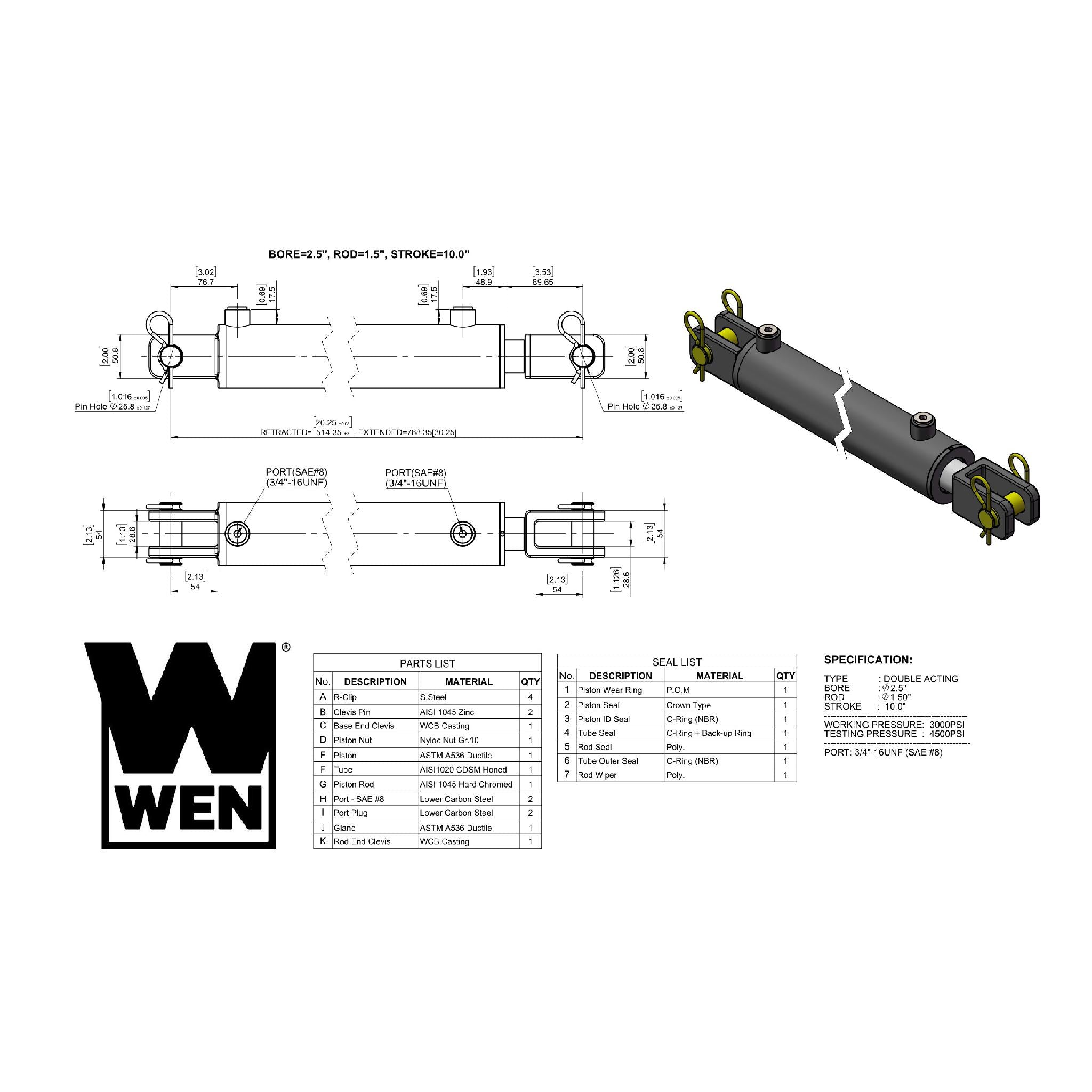 WEN, WEN CC2510 Clevis Hydraulic Cylinder with 2.5-inch Bore and 10-inch Stroke