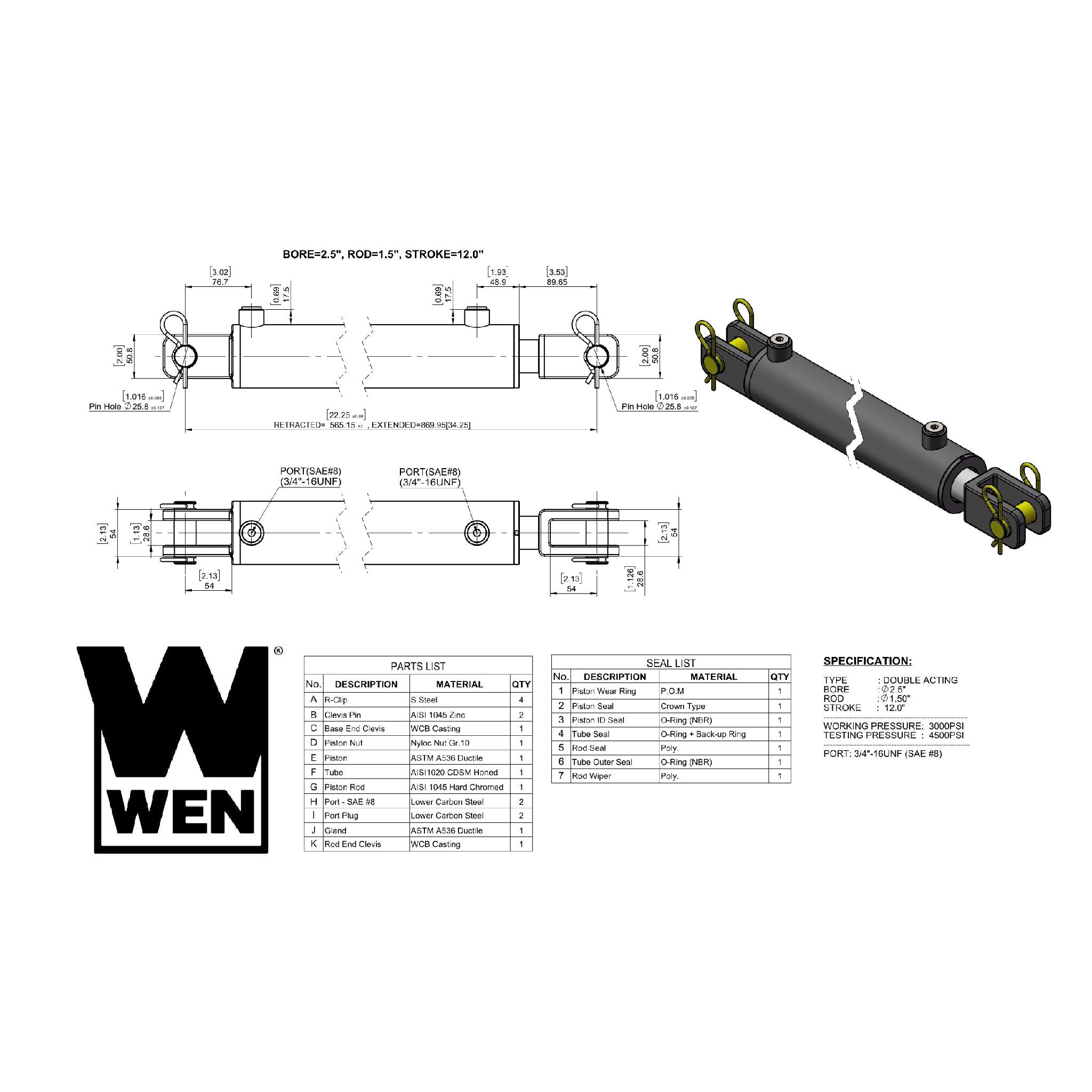 WEN, WEN CC2512 Clevis Hydraulic Cylinder with 2.5-inch Bore and 12-inch Stroke