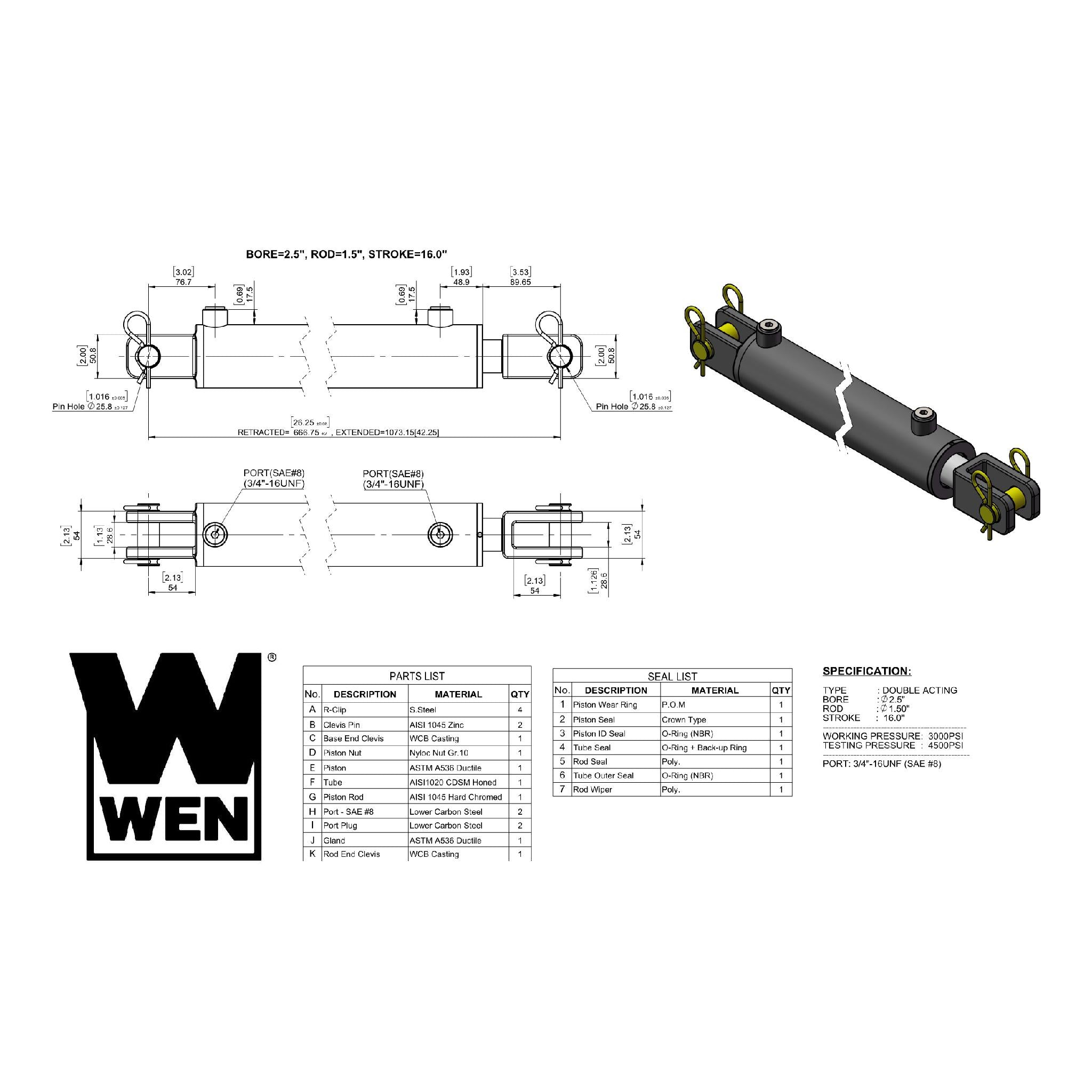 WEN, WEN CC2516 Clevis Hydraulic Cylinder with 2.5-inch Bore and 16-inch Stroke