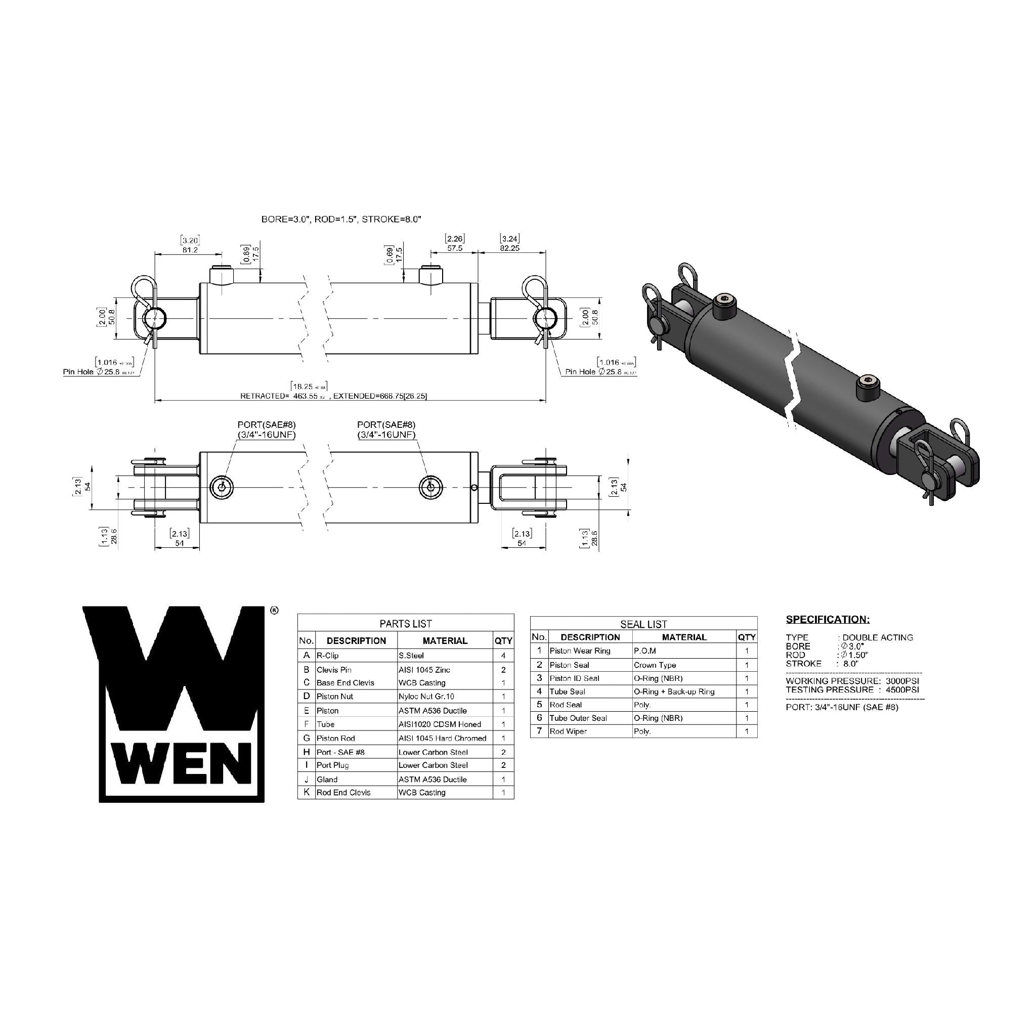 WEN, WEN CC3008 Clevis Hydraulic Cylinder with 3-inch Bore and 8-inch Stroke