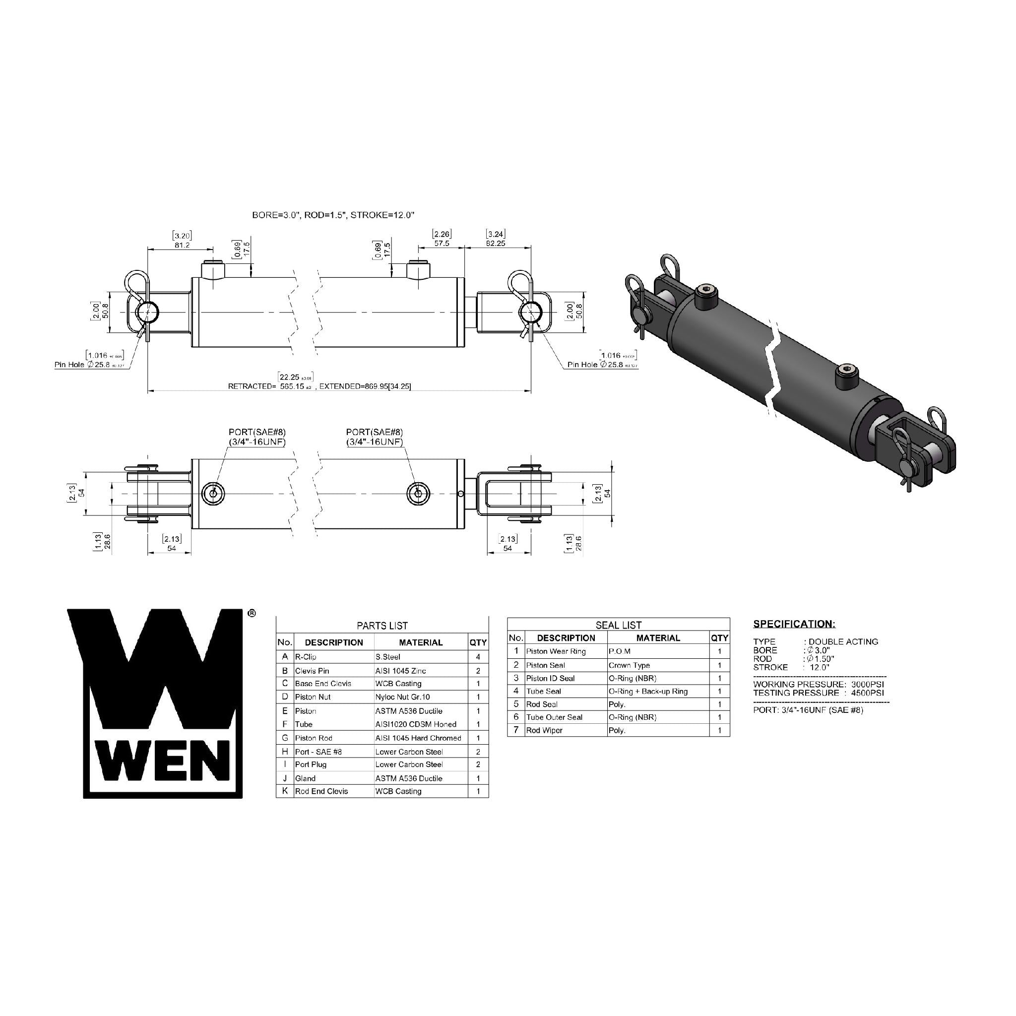 WEN, WEN CC3012 Clevis Hydraulic Cylinder with 3-inch Bore and 12-inch Stroke