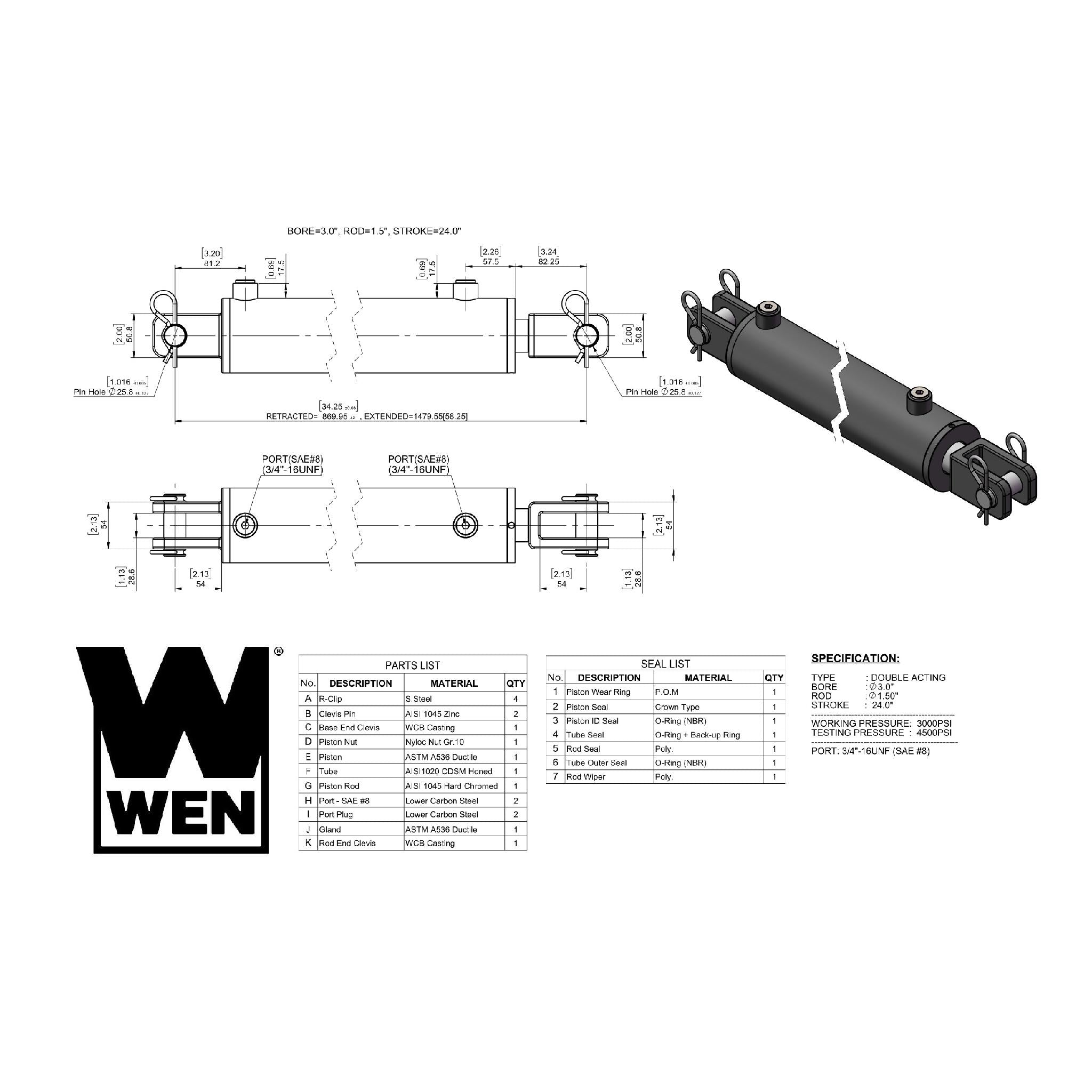 WEN, WEN CC3024 Clevis Hydraulic Cylinder with 3-inch Bore and 24-inch Stroke