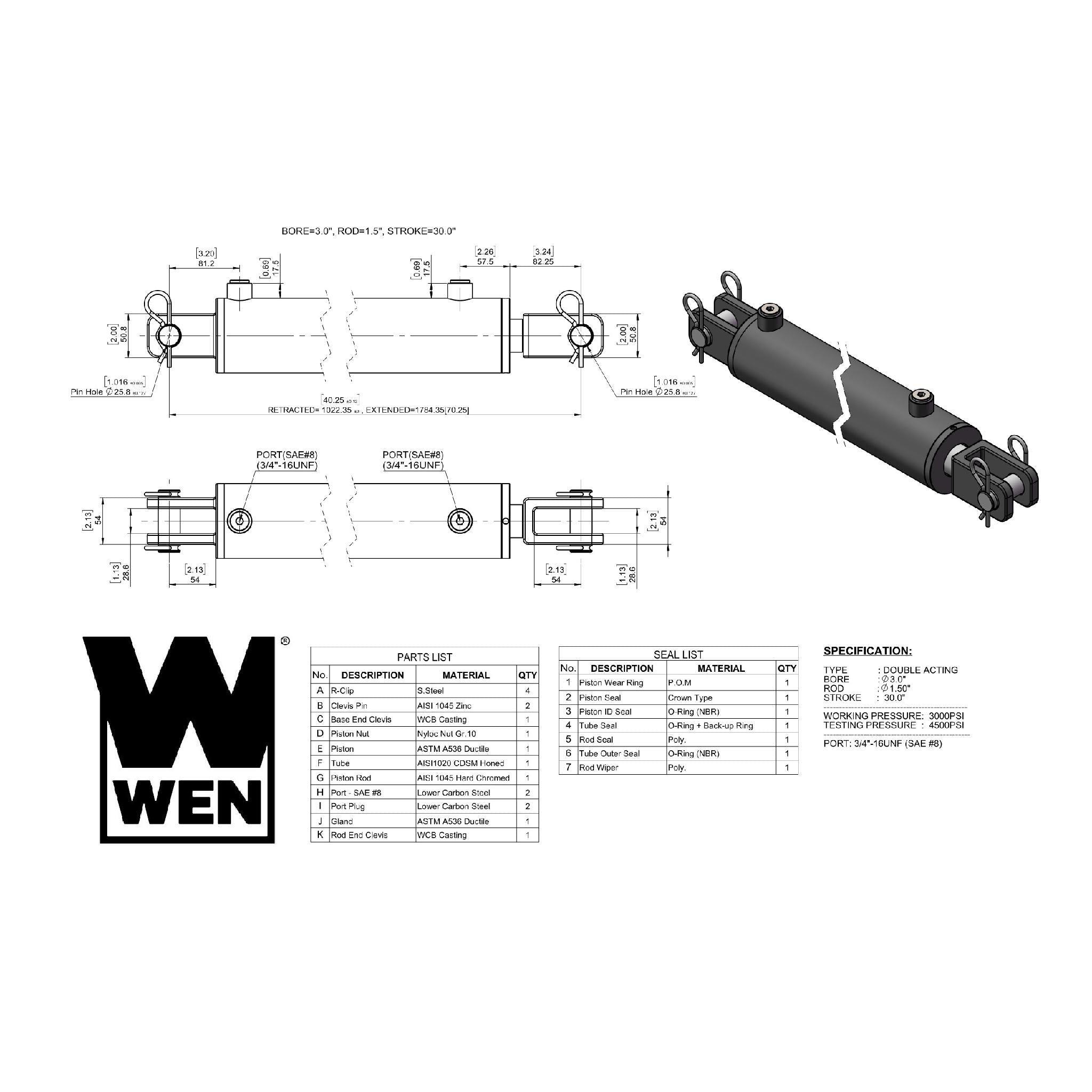 WEN, WEN CC3030 Clevis Hydraulic Cylinder with 3-inch Bore and 30-inch Stroke