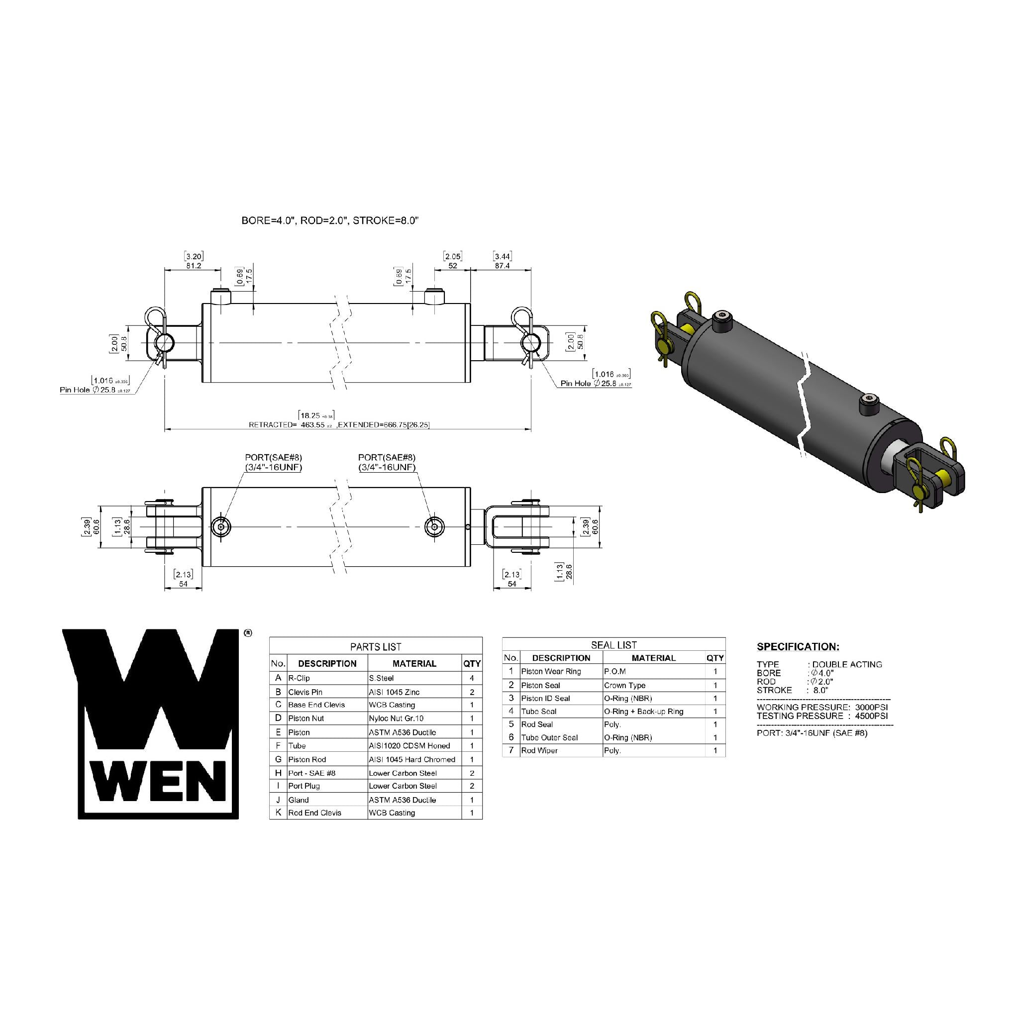 WEN, WEN CC4008 Clevis Hydraulic Cylinder with 4-inch Bore and 8-inch Stroke