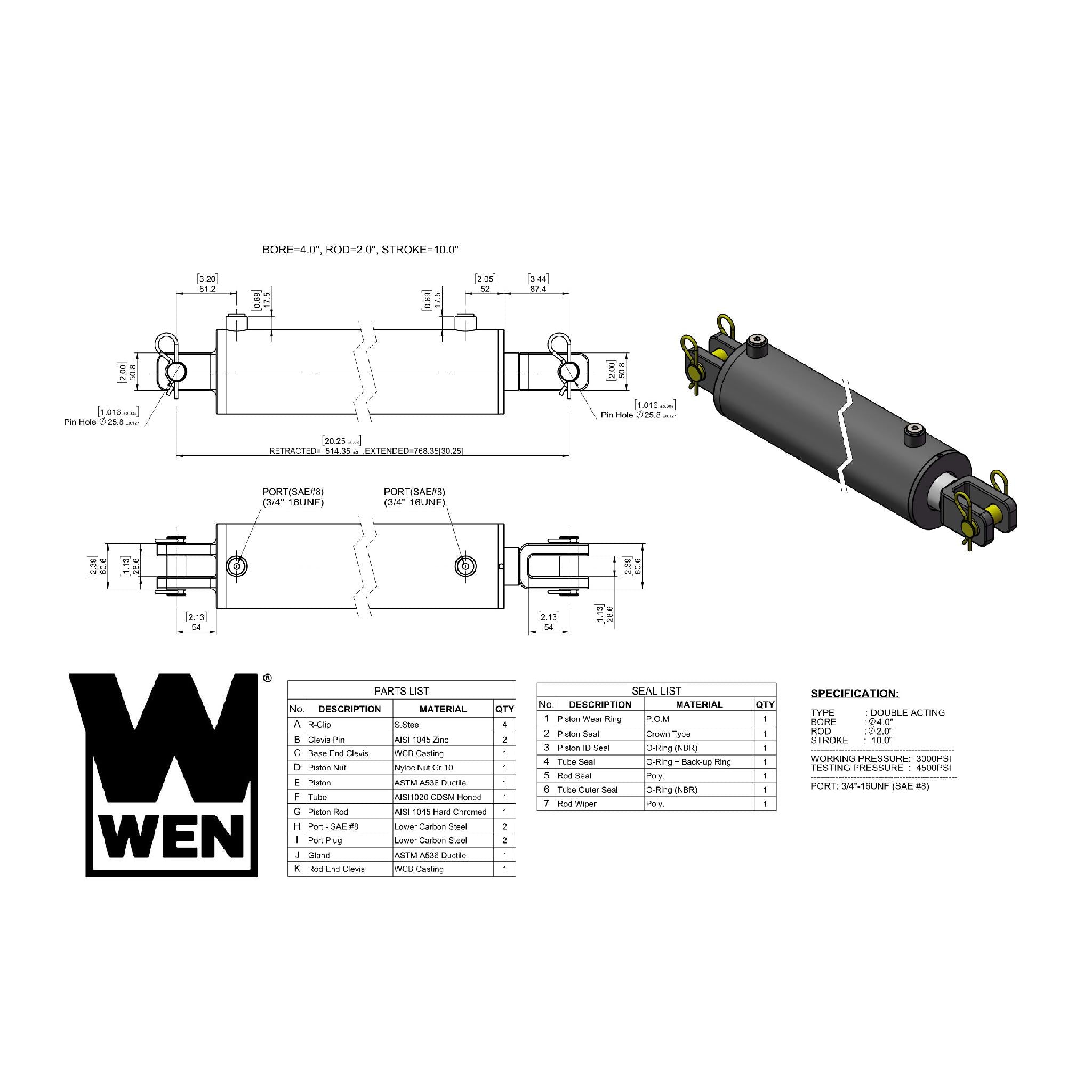 WEN, WEN CC4010 Clevis Hydraulic Cylinder with 4-inch Bore and 10-inch Stroke