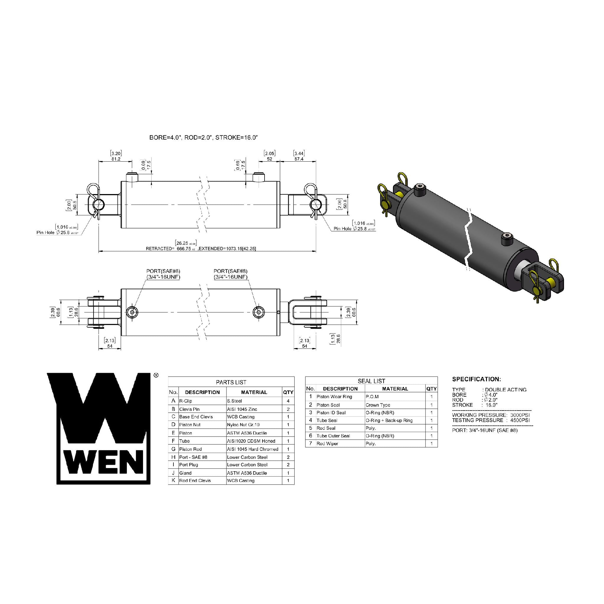 WEN, WEN CC4016 Clevis Hydraulic Cylinder with 4-inch Bore and 16-inch Stroke