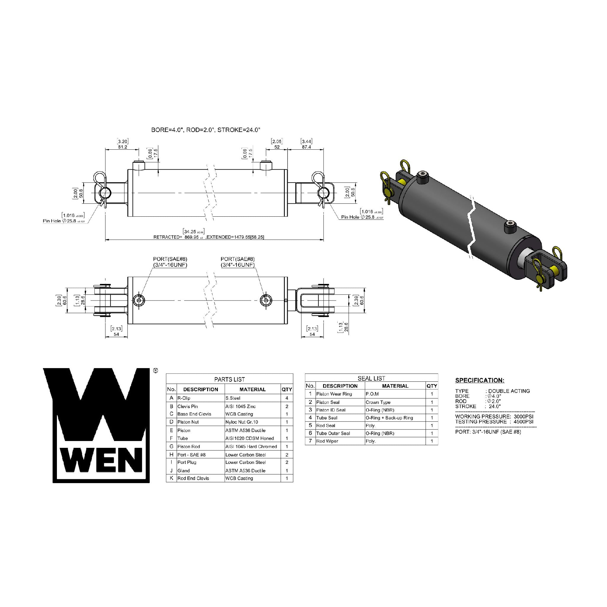 WEN, WEN CC4024 Clevis Hydraulic Cylinder with 4-inch Bore and 24-inch Stroke